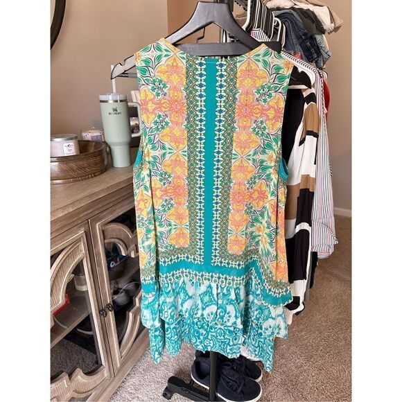 HEMANT AND NANDITA Ruffle Shift Dress in Blue Vintage Tile - Picture 6 of 8